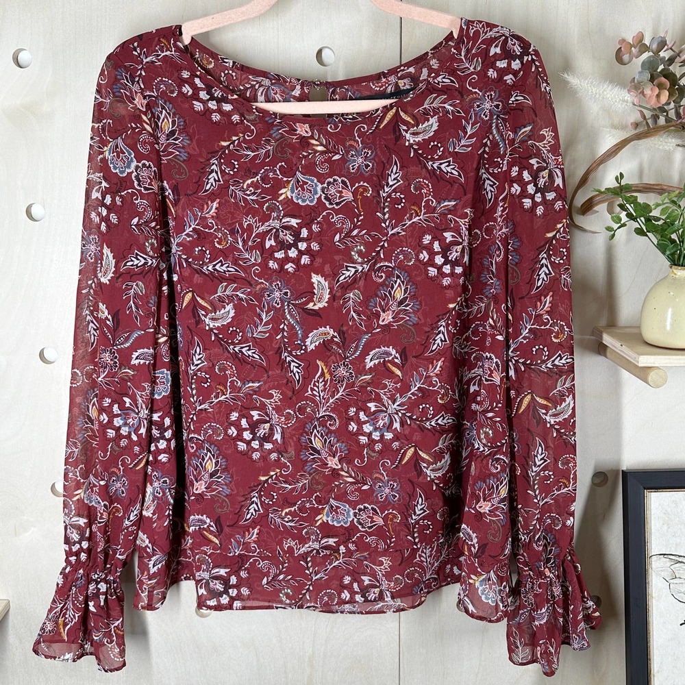 WHITE HOUSE BLACK MARKET Blouse SZ 8 Chiffon Long Sleeve Burgundy